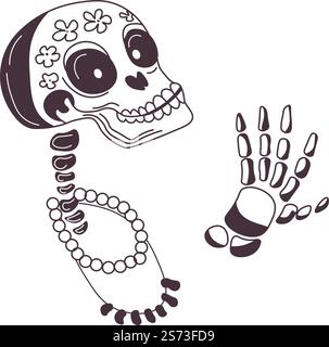 Weibliche Skelettfigur mit Perlenkette und Blumenmuster am Schädel. Isoliertes Santa Muerte Emoji oder Sticker von Frau Lady. Monochrom-Kontur oder Tätowierungsskizze. Vektor in der Ebene. Skelettcharakter mit Blumen und Ketten Stock Vektor