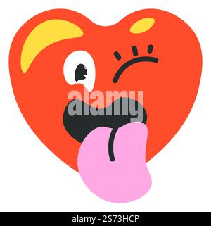 Cartoon-Charakter in Form von Herz, die aus der Zunge herausragt, isolierte Valentinstag-Persönlichkeit mit lustigem Gesichtsausdruck. Emoticon oder Sticker, lachend und lächelnd. Vektor in abgewickelter Form. Herzfigur, die aus der Zunge ragt, Persönlichkeit Stock Vektor