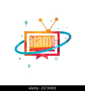 Planet TV Vector Logo-Design. Medien und Unterhaltung, TV-Logo-Konzept. Stock Vektor