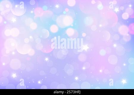 Niedlicher lila und rosa Einhornhintergrund mit glitzernden Sternen. Kawaii Fantasy-Himmel mit Bokeh und Funkeln. Traumhafte Feen-Gradient-Pastell mit Stock Vektor