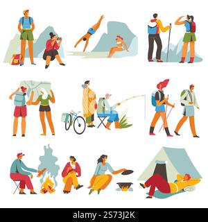 Menschen, die während des Urlaubs unterwegs sind, Männer und Frauen Trekking und Wanderungen in die Berge. Camping, Schlafen im Zelt, Angeln und Navigieren weiblicher Touristen mit Papierkarte in der Hand. Vektor in abgewickelter Form. Wandern und Trekking, Bergcamping Stock Vektor