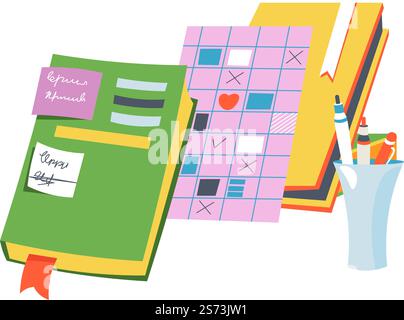 Notizbuch oder Organizer, Kalender mit Notizen und Schildern. To-Do-Liste hilft bei der Routineverwaltung im geschäftlichen und privaten Bereich. Schul- und Bürobedarf, Bleistifte und Stifte im Becher. Vektor in abgewickelter Form. Zubehör für Organizer oder Planer, Tagebuch oder Notizbuch Stock Vektor