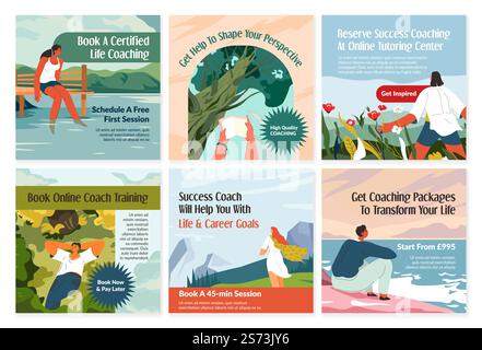 Social Media mit Life Coaching-Werbung. Buchen Sie kostenlose Sitzung mit Success Coach Schild auf der Netzwerk-Webseite, Vektorillustration. Flacher Mann Frau Charakter in Naturlandschaft, Coaching Paket. Social Media mit Life Coaching-Werbung Stock Vektor