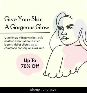 Behandlungen im Spa-Salon zum Verkauf, ermäßigter Preis. Schenken Sie Ihrer Haut einen herrlichen Glanz. Bis zu siebzig Prozent Rabatt auf Behandlung und Pflege für Körper und Gesicht. Vektor in abgewickelter Darstellung. Schenken Sie Ihrer Haut einen herrlichen Glanz, Verkauf im Spa-Salon Stock Vektor
