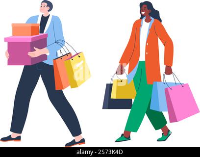 Männliche und weibliche Charaktere gehen mit Taschen und Kisten, kehren aus Geschäften oder Geschäften zurück. Ehemann und Ehefrau kaufen am Wochenende. Einkaufsmöglichkeiten, Freizeitspaß oder Hobby. Vektor in abgewickelter Form. Mann und Frau, die mit Taschen vom Einkaufen zurückkommen Stock Vektor