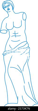 Aphrodite antike Skulptur aus Stein oder Marmor. Isolierte junge weibliche Figur, Venus de Milo Porträt oder Büste. Klassisches griechisches Kulturerbe. Strichgrafik, minimalistische Skizze. Vektor in abgewickelter Form. Skulptur Venus de Milo, antike Kunst und Kultur Stock Vektor