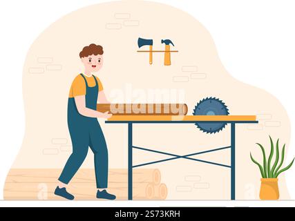 Menschen Baumschnitt und Holz mit LKW, Kettensäge Holz und Werkzeuge Protokollierung im Wald auf flachen Cartoon Handgezeichnete Vorlagen Illustration Stock Vektor