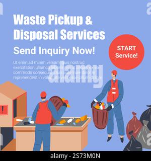 Anfrage senden, Abfallentsorgung und -Entsorgung, Abfallmanagement und Recyclingprozess. Naturschutz und Verschmutzungsminderung. Werbebanner, Werbeplakat. Vektor in abgewickelter Form. Abfallentsorgung und -Entsorgung, Anfrage senden Stock Vektor