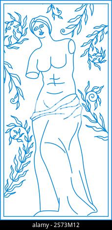 Antike griechische Kunst und Kultur, isolierte Venus von Milo. Büste von Skulpturen weiblicher Charaktere, antike Kunstwerke aus Stein. Linienmalerei, Brust mit Körper und Gesicht. Vektor in abgewickelter Form. Venus de milo Statue, Büste der griechischen Frau, Kunst Stock Vektor