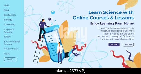 Online-Kurse und -Kurse, lernen Sie Wissenschaft von zu Hause aus. Chemie und Biologie, Liste der Kurse für Studenten vor Ort. Erwerb von Wissen im Internet. Vorlage für Website-Landing-Page, Vektor in flacher Form. Lernen Sie Wissenschaft mit Online-Kursen und -Lektionen Stock Vektor