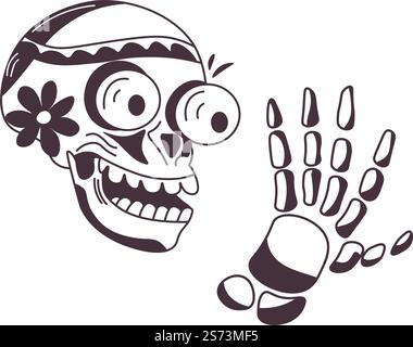 Schädelgesichtscharakter, der mit Schock in die Hand blickt. Isolierte Skelettfigur mit Blumenschmuck am Kopf. Lustige Emojis. Einfarbige Umrisse, minimalistische Tätowierungsskizze. Vektor in abgewickelter Form. Skelett-Charakter mit Blick auf Knochen-Hand-Vektor Stock Vektor