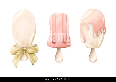 Niedliches Eis Clipart-Set. Lolly Ice, weißes Eis. Aquarell handgemalte Sommer-Lebensmittel-Illustration lokalisiert auf weißem Hintergrund für Kinderzimmer Stockfoto