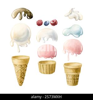 Niedliches Eiscreme-Waffelkegel und -Tassen, Cupcakes und Beeren Design-Elemente Clipart-Set. Aquarell handgemalte Essensillustration isoliert auf weißem Ba Stockfoto