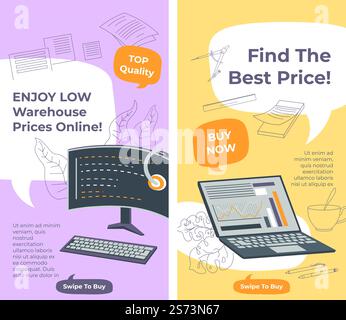 Kaufen Sie Computer und elektronische Geräte, Geräte und Geräte für die Arbeit. Profitieren Sie von Lagerpreisen online, und finden Sie die besten Preise für Notebooks. Wischen Sie, um das Werbebanner im Shop zu kaufen. Vektor in abgewickelter Form. Profitieren Sie online von günstigen Lagerpreisen, kaufen Sie Computer Stock Vektor