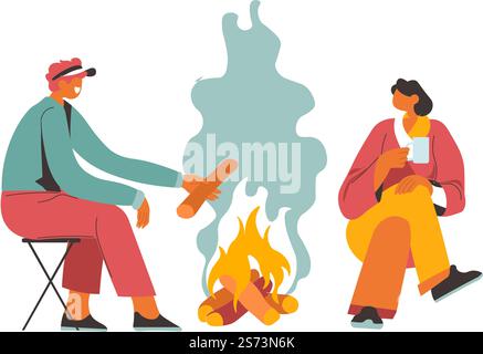Sommerferien und Ferien im Freien, Mann und Frau sitzen am Lagerfeuer, legen Baumstämme und holen sich Wärme. Camping und Reisen, Touristenpaare auf Stühlen, die durch Feuer sprechen. Vektor in abgewickelter Form. Paarcamping wird durch Lagerfeuer-Vektor warm Stock Vektor