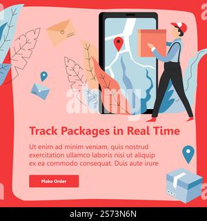 Lieferung und Versand weltweit, verfolgen Sie Pakete in Echtzeit auf dem Smartphone und betrachten Sie die Karte mit gps. Kurier mit Paket in der Hand. Website-Internet-Landing-Page-Vorlage, Vektor in flachem Stil. Verfolgen Sie Pakete in Echtzeit, Lieferservice Stock Vektor