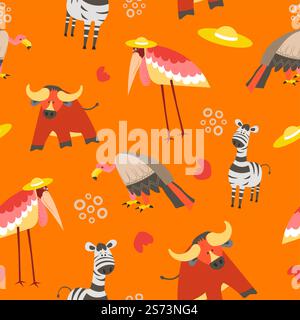 Fauna und Wildnis, niedliche Tiere. Stier mit großen Hörnern, Zebra und Adler. Kran mit Sombrero-Hut. Artenvielfalt der Tiere. Vektor in flacher Form, nahtlosem Muster, Hintergrund oder Hintergrundbild. Nahtloses Tiermuster, Kran und Zebra, Stier Stock Vektor
