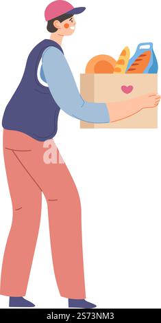 Bereitstellung von Nahrungsmitteln für wohltätige Zwecke, Spenden und Freiwilligentätigkeit, um Menschen in Not zu helfen. Isolierter Teenager mit einer Tüte Mahlzeit, frisch gebackenem Brot aus dem Bäckereigeschäft und Lebensmitteln aus dem Geschäft. Vektor in abgewickelter Form. Freiwillig mit einer Tüte Essen, ehrenamtliche Hilfsorganisation Stock Vektor