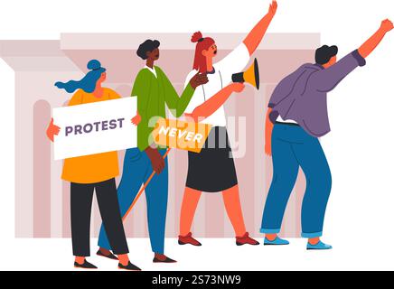 Jugendliche mit Megaphon und Tischen versammelten sich auf Protest. Männliche und weibliche Charaktere schreien und schreien, Mann und Frau Gesten. Wütende Teenager-Aktivisten unzufrieden. Vektor in abgewickelter Form. Leute protestieren, Demonstranten schreien beim Treffen Stock Vektor