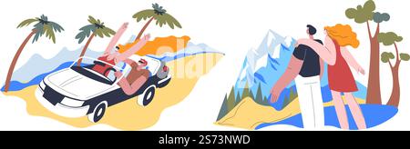 Urlaub und Urlaub Sommerzeit Erholung und Entspannung. Menschen, die in die Berge und an die Küste reisen. Leute, die mit dem Auto an der Reichweite und an den Palmen fahren. Wander- und Trekkingspaare suchen. Vektor in abgewickelter Form. Sommerurlaub in den Bergen und am Meer Stock Vektor