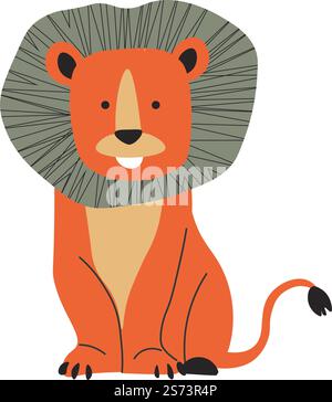 Löwe flaches Zeichentricktier, wilde lustige Katze mit Mähne, Vektor in flacher Art. Sitzender Löwe unomeszierter wilder Charakter mit Schwanz, afrikanisches Safari Junges, König der Tiere Illustration. Löwe flaches Zeichentricktier, wilde lustige Katze mit Mähne Stock Vektor