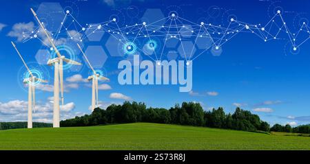 Windturbinen Landschaftshintergrund. Grüne Energie, erneuerbare Ressourcen und ökologisches Konzept. Hochwertige Fotos Stockfoto