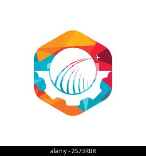 Design mit Vektorlogo für den Zahnradweg. Abstrakter Flugzeugflug mit Gear Logo-Design. Stock Vektor
