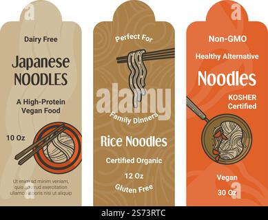 GVO-freie, biologische und natürliche Mahlzeit, japanische Reisnudeln, proteinreiche vegane Lebensmittel. Etiketten oder Aufkleber für Produktverpackungen. Essen von hochwertigen Gerichten und Zutaten zum Kochen. Vektor in abgewickelter Form. Japanische Nudeln, gvo-freie Produkte, Aufkleber Stock Vektor