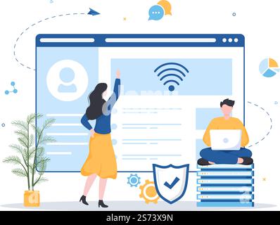 Intranet-Internet-Netzwerk-Verbindungstechnologie zur Weitergabe vertraulicher Unternehmensinformationen in handgezeichneter Cartoon-Grafik Stock Vektor