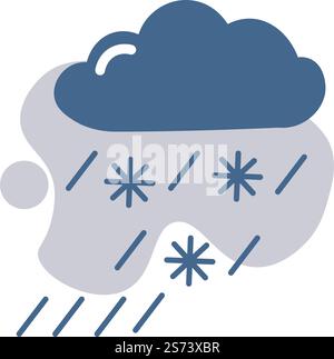 Wettervorhersage, Symbol für vereinzelten Schnee. Wolkenlandschaft und fallende Schneeflocken, saisonales Winterklima. Schnee- und frostiger Tag, Meteorologie oder Widget-Anwendung. Vektor in abgewickelter Darstellung. Wettervorhersage für Schnee, Meteorologie-Symbol Stock Vektor
