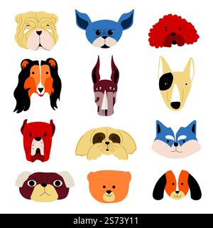 Hunde, isolierte Porträts von Hunden verschiedener Rassen. Reinrassige oder streunende Welpen Maulmäuler mit emotionalem Ausdruck. Glückliches oder wütendes, gelangweiltes oder trauriges Haustier. Vektor in abgewickelter Form. Hunderassen, reinrassige oder streunende Hunde Stock Vektor