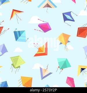 Nahtloses Drachenmuster. Flache Farbdrachen fliegen zwischen Wolken in den Himmel. Helles Stoffmuster, dekorative Vektorstruktur. Illustration eines Drachenmusters im Hintergrund. Nahtloses Drachenmuster. Flache Farbdrachen fliegen zwischen Wolken in den Himmel. Helles Stoffmuster, dekorative Vektorstruktur Stock Vektor