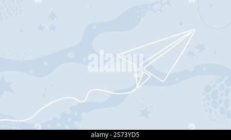 Abstrakter trendiger Hintergrund mit fliegendem gefüttertem Flugzeug. Eine Linie Papierflugzeuge fliegen auf dekorativem Hintergrund, einfache Vektorillustration mit flüssigen Formen. Trendiges, einfaches, kreatives Zeichnen. Abstrakter trendiger Hintergrund mit fliegendem gefüttertem Flugzeug. Eine Linie Papierflugzeuge fliegen auf dekorativem Hintergrund, einfache Vektorillustration mit flüssigen Formen Stock Vektor