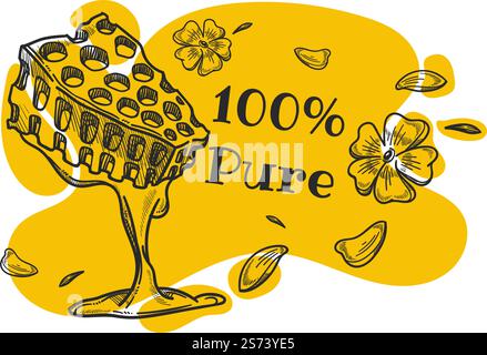 Bio- und Naturprodukt, 100 % natürliche Honigzutat zum Kochen von Desserts. Leckeres Essen für eine gesunde ausgewogene Ernährung. Werbebanner, Werbeplakat. Vektor in abgewickelter Form. Reines und biologisches Honigprodukt, süßes Produkt Stock Vektor