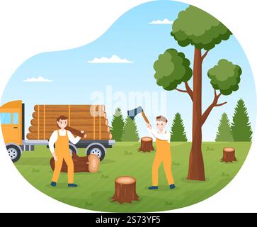 Menschen Baumschnitt und Holz mit LKW, Kettensäge Holz und Werkzeuge Protokollierung im Wald auf flachen Cartoon Handgezeichnete Vorlagen Illustration Stock Vektor