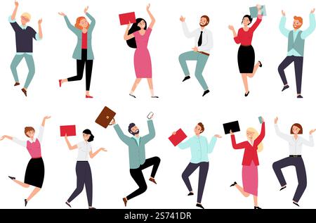 Glückliches Geschäftsteam. Leute, die in Büroanzügen springen, Motivation und Anfeuern für die Arbeiter. Freundliche Profis, anständige Firmenvektorfiguren. Glückliche Teammitglieder springen Illustration. Glückliches Geschäftsteam. Leute, die in Büroanzügen springen, Motivation und Anfeuern für die Arbeiter. Freundliche Profis, anständige Firmenvektorfiguren Stock Vektor