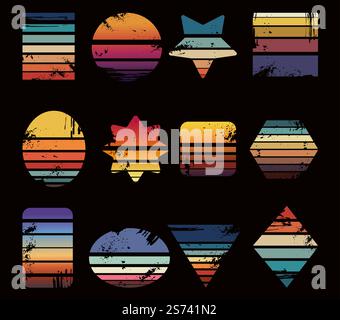 Kollektion mit gestreiften Sunset Prints im Retro-Look für den Sommer. Grundschablone mit Surf-Logo, Formen im Vintage-Stil der 80er Jahre der 90er Jahre, runde Sterne quadratisch. Heller neoterischer Vektor-Satz der Sommer Sonnenuntergang Vintage Illustration. Kollektion mit gestreiften Sunset Prints im Retro-Look für den Sommer. Grundschablone mit Surf-Logo, Formen im Vintage-Stil der 80er Jahre der 90er Jahre, runde Sterne quadratisch. Helles neoterisches Vektorset Stock Vektor