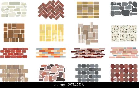 Natursteinstrukturen. Italienische quadratische Steinmauer, Granitblock und Kopfsteinpflasterboden. Innenfliesen mit Terrazzo-Muster, rote Karikaturen und Marmor-anständige Vektorsatz des Hintergrundbodenmosaiks. Natursteinstrukturen. Italienische quadratische Steinmauer, Granitblock und Kopfsteinpflasterboden. Innenfliesen mit Terrazzo-Muster, rote Karikaturen und Marmor-Vektor-Set Stock Vektor