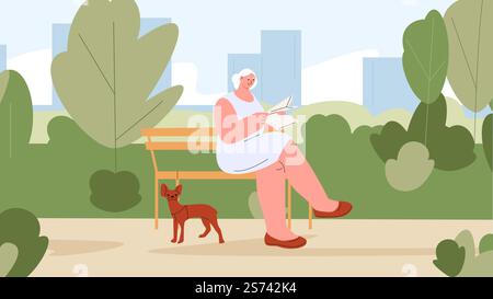 Alte Frau entspann dich im grünen Park mit Hund. Weiblicher Charakter, der auf der Bank sitzt, liest Zeitung, Zeitvektorszene der Frau im Park Illustration mit Hund. Alte Frau entspann dich im grünen Park mit Hund. Weiblicher Charakter, der auf der Bank sitzt, liest Zeitung, Zeitvektorszene im Freien Stock Vektor