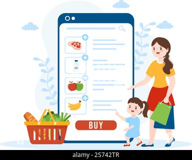 Online-Lebensmittelgeschäft oder Supermarkt, um tägliche Notwendigkeiten oder Lebensmittel über die App in Flat Cartoon Hand Drawn Templates Illustration bestellen Stock Vektor