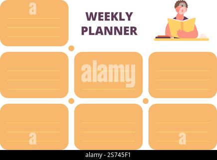 Schulwochenplaner. Seite zur Planung der Woche für Kinder und Erwachsene mit leeren Aufklebern. Süßer Karikaturjunge, der Buch liest. Vektororganizer-Vorlage zum Drucken. Illustration von MEMO-Planer-Schreibwaren. Schulwochenplaner. Seite zur Planung der Woche für Kinder und Erwachsene mit leeren Aufklebern. Süßer Karikaturjunge, der Buch liest. Vektororganizer-Vorlage zum Drucken Stock Vektor