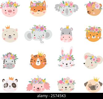 Tierprinzessinnen in der Krone. Blumenkronen auf Prinzessin, Hundekönigin, Katzenhase und coala. Cartoon Tiere Avatare, Wild und Haustiere Gesichter Vektor Aufkleber. Illustration einer Tierprinzessin mit Blütenblume. Tierprinzessinnen in der Krone. Blumenkronen auf Prinzessin, Hundekönigin, Katzenhase und coala. Cartoon Tiere Avatare, Wild und Haustiere Gesichter heute Vektor Aufkleber Stock Vektor