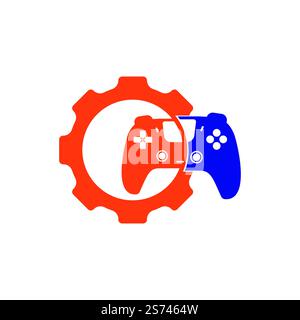 Gamepad Repair Vektor-Logo-Designvorlage. Ausrüstung mit Konsolensymbol und Vektorlogo. Stock Vektor