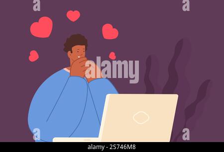 Video Online romantischer Anruf. Afro-amerikanischer Mann in fliegenden Herzen, der vor dem Laptop sitzt. Remote-Dating, glücklicher Kerl, der Internet-Vektor-Konzept plaudert. Illustration eines virtuellen Online-Videodatings. Video Online romantischer Anruf. Afro-amerikanischer Mann in fliegenden Herzen, der vor dem Laptop sitzt. Remote-Dating, glücklicher Kerl, der Internet-Vektor-Konzept plaudert Stock Vektor