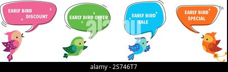 Frühbucherrabatt. Moderne Werbeschriftungen mit Plattvögeln. Sonderangebot, Marketingelemente für den Verkauf. Werbewerbung heute Vektorsatz. Abbildung: Bird Early, Rabattangebot. Frühbucherrabatt. Moderne Werbeschriftungen mit Plattvögeln. Sonderangebot, Marketingelemente für den Verkauf. Werbewerbung heute Vektorsatz Stock Vektor