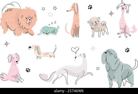 Zeichentrickhund-Kollektion. Hunde in Pose stellen, Porträtaufkleber für Welpen. Flache Doodle-Welpen-Figuren für Kinder. Lustige Haustieraktionen, schlafen und laufen, heutzutage Vektorset. Illustration von Hund und Haustier. Zeichentrickhund-Kollektion. Hunde in Pose stellen, Porträtaufkleber für Welpen. Flache Doodle-Welpen-Figuren für Kinder. Lustige Haustieraktionen, schlafen und laufen, heutzutage Vektorset Stock Vektor