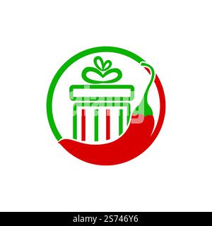 Design-Vorlage für „Spicy Gift Vector“-Logo. Rotes Chili-Logo mit Vektormuster. Stock Vektor