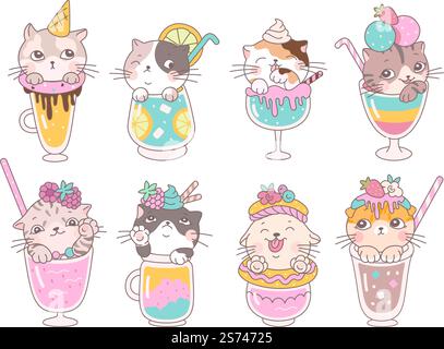 Sommercocktails für Kätzchen. Cartoon-Katzengetränk, süßer frischer Cocktail und Shakes mit kleinen Kätzchen. Tier im Glas mit Früchten, kawaii Haustier heutzutage Vektor-Satz der Charakter Tier Kritzelillustration. Sommercocktails für Kätzchen. Cartoon-Katzengetränk, süßer frischer Cocktail und Shakes mit kleinen Kätzchen. Tier im Glas mit Früchten, Kawaii-Haustier heutzutage Vektor-Set Stock Vektor