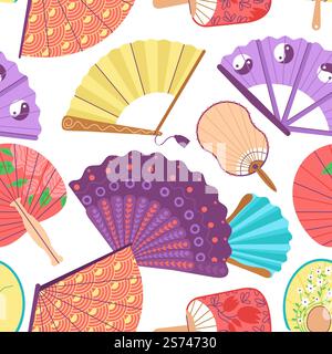 Asiatisches Fanmuster. Kimono-Textildruck, Fächerhintergrund. Orientalische traditionelle Elemente nahtlose Textur. Japan, chinesische Vektorvorlage. Abbildung: Falten asiatischer und japanischer Ventilatoren. Asiatisches Fanmuster. Kimono-Textildruck, Fächerhintergrund. Orientalische traditionelle Elemente nahtlose Textur. Japan, chinesische anständige Vektorvorlage Stock Vektor