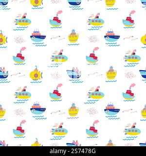 Nahtloses Doodle-Ship-Muster. Segelstruktur, Stoffmuster für Boy Boat. Marine Grafiken mit Segelboot, Sommer Ozean Elemente heute Vektor Hintergrund. Illustration der nahtlosen Meereskritzelung. Nahtloses Doodle-Ship-Muster. Segelstruktur, Stoffmuster für Boy Boat. Marine Grafiken mit Segelboot, Sommer Ozean Elemente heute Vektor Hintergrund Stock Vektor
